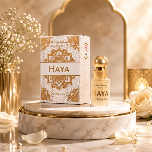 Al-Burooj Perfumes Haya Roll-on Attar, 12ml, Alcohol-Free Perfume Oil with Rose, Sandalwood, Mint, Vanilla, Caramel, Agarwood