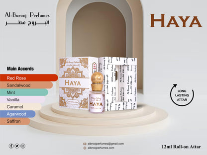 Al-Burooj Perfumes Haya Roll-on Attar, 12ml, Alcohol-Free Perfume Oil with Rose, Sandalwood, Mint, Vanilla, Caramel, Agarwood