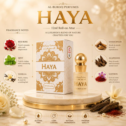 Al-Burooj Perfumes Haya Roll-on Attar, 12ml, Alcohol-Free Perfume Oil with Rose, Sandalwood, Mint, Vanilla, Caramel, Agarwood