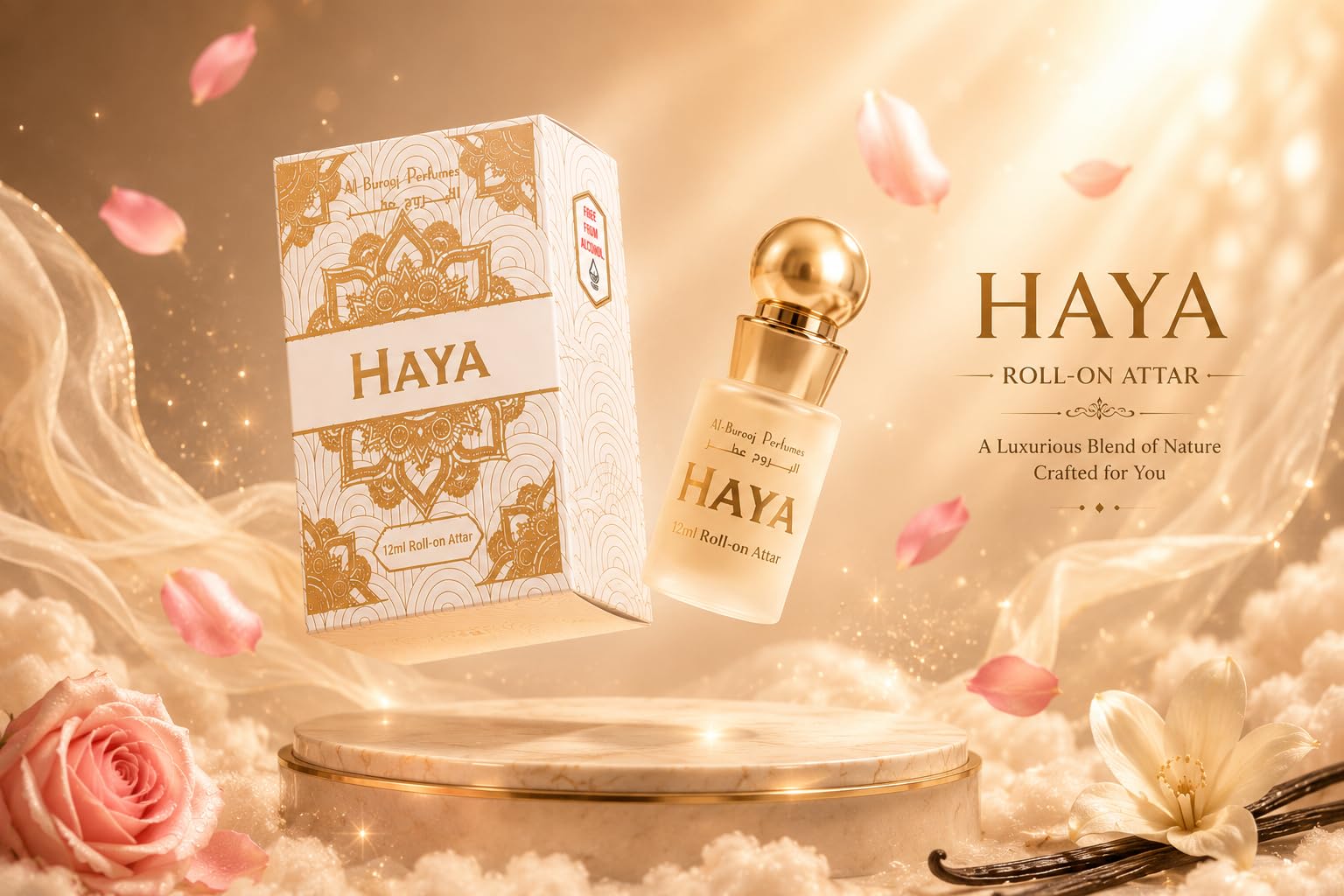 Al-Burooj Perfumes Haya Roll-on Attar, 12ml, Alcohol-Free Perfume Oil with Rose, Sandalwood, Mint, Vanilla, Caramel, Agarwood