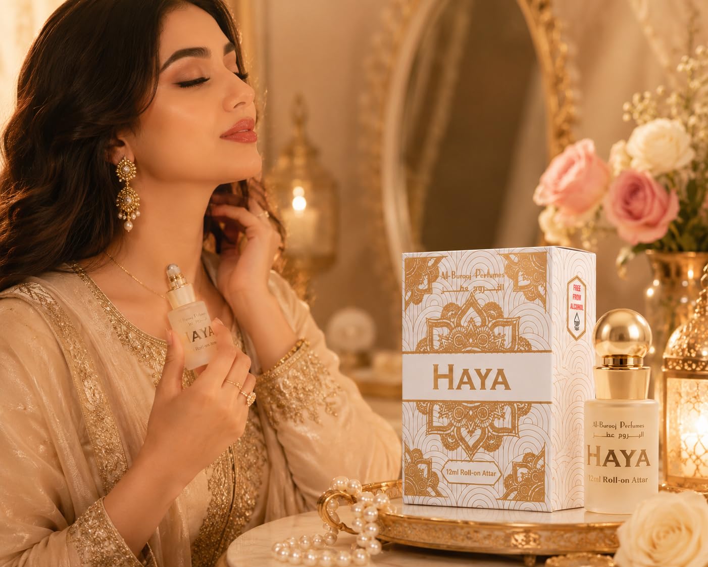 Al-Burooj Perfumes Haya Roll-on Attar, 12ml, Alcohol-Free Perfume Oil with Rose, Sandalwood, Mint, Vanilla, Caramel, Agarwood