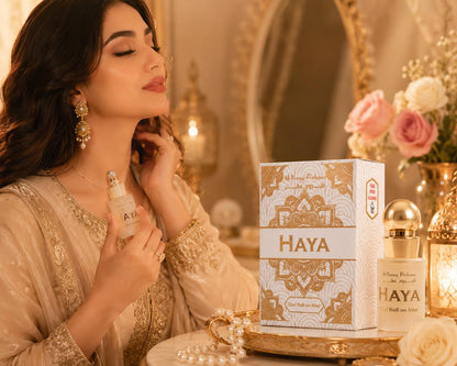 Al-Burooj Perfumes Haya Roll-on Attar, 12ml, Alcohol-Free Perfume Oil with Rose, Sandalwood, Mint, Vanilla, Caramel, Agarwood