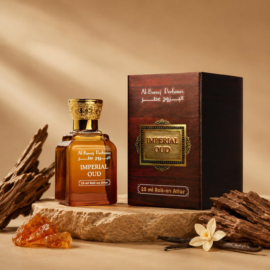 Al-Burooj Perfumes Imperial Oud Roll-On Attar, 25ml, Alcohol-Free Woody Amber Fragrance Oil for Men & Women
