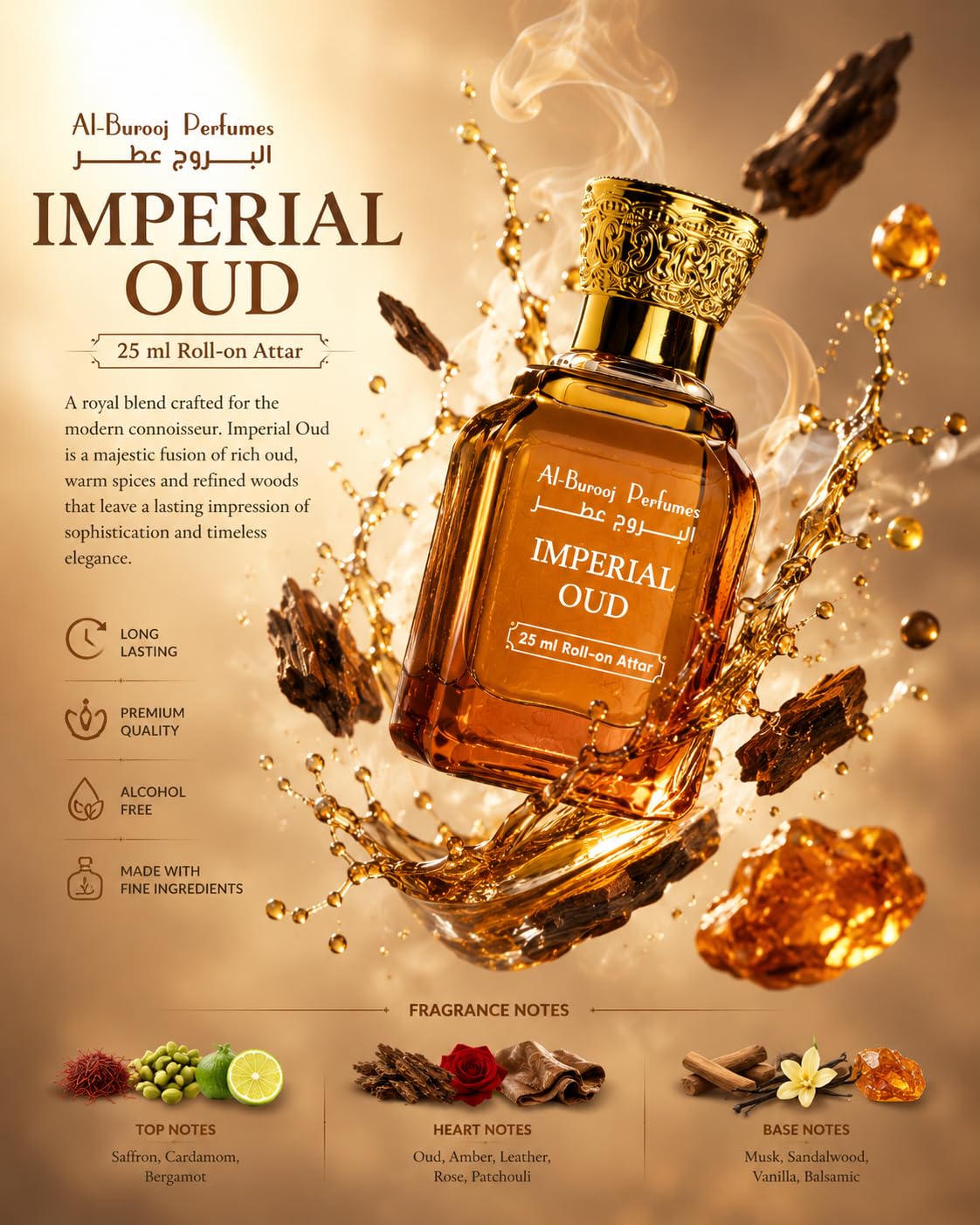 Al-Burooj Perfumes Imperial Oud Roll-On Attar, 25ml, Alcohol-Free Woody Amber Fragrance Oil for Men & Women - back view