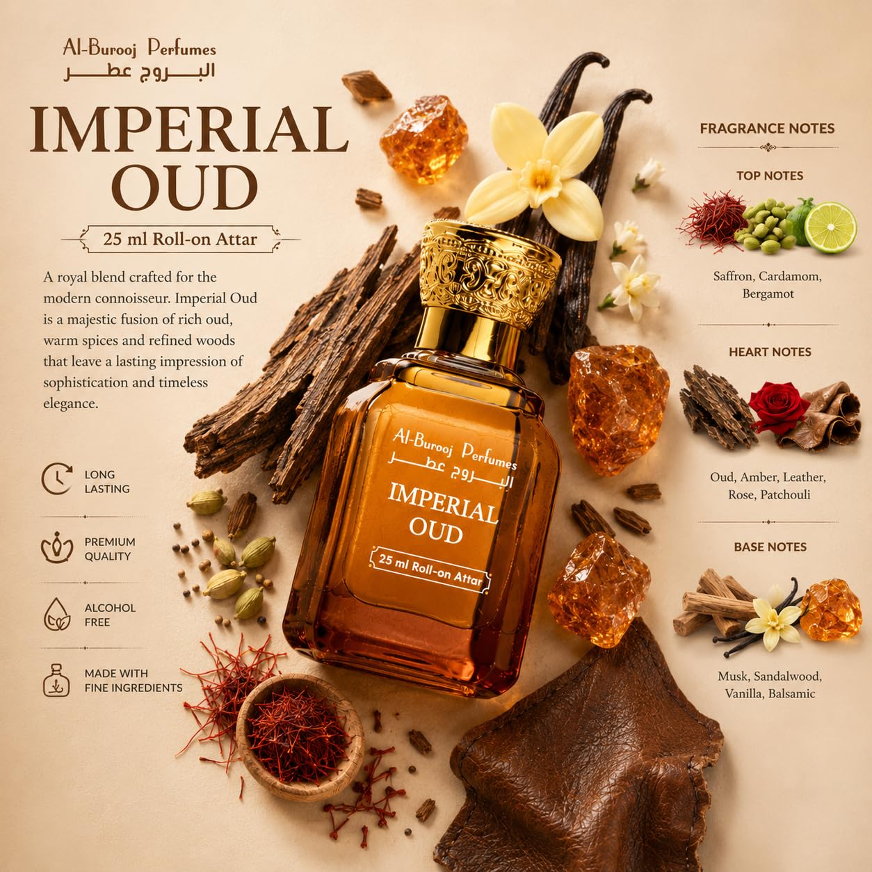 Al-Burooj Perfumes Imperial Oud Roll-On Attar, 25ml, Alcohol-Free Woody Amber Fragrance Oil for Men & Women - packaging