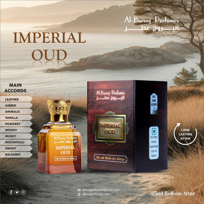 Al-Burooj Perfumes Imperial Oud Roll-On Attar, 25ml, Alcohol-Free Woody Amber Fragrance Oil for Men & Women - label detail
