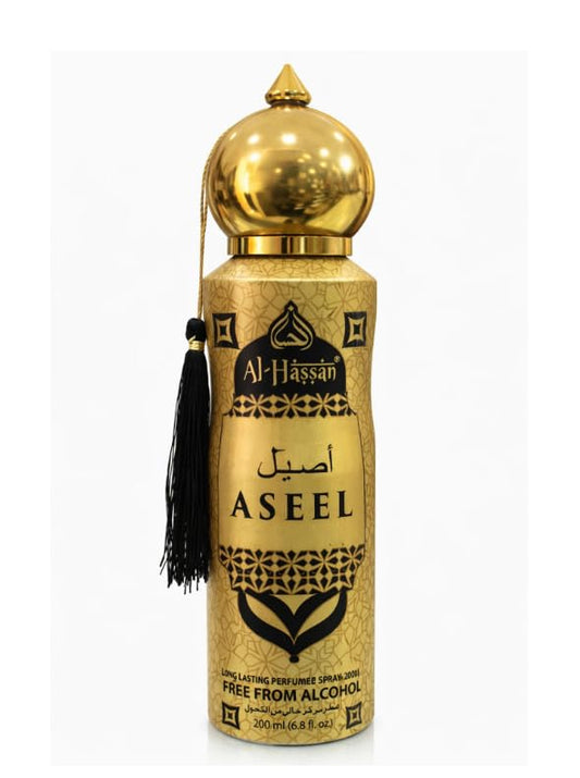 Al-Hassan Aseel Perfumed Spray 200ml, Alcohol-Free Arabic Body Spray, Unisex Oriental Fragrance