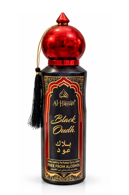 Al-Hassan Black Oudh Alcohol-Free Body Spray, 200ml, Unisex Arabic Oud Fragrance