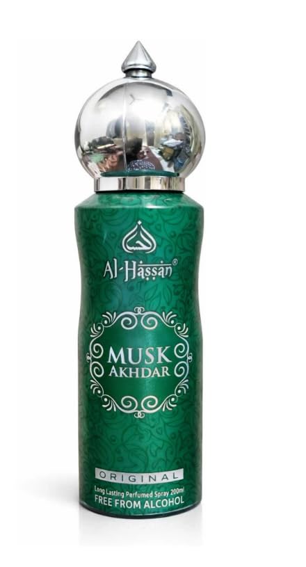 Al-Hassan Musk Akhdar Original Perfumed Spray, 200ml, Unisex Alcohol-Free Musk Body Spray