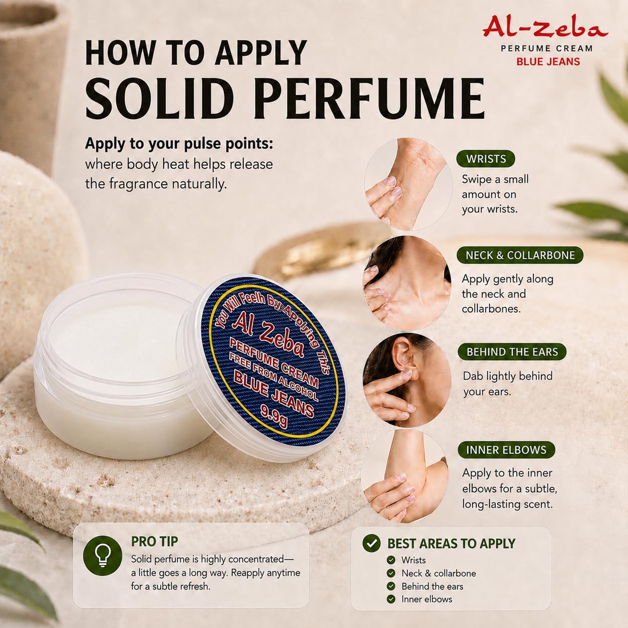 Al-Zeba Solid Perfume Cream, 9.9g, Alcohol-Free, Unisex Travel Fragrance, Compact Jar - label detail (10)