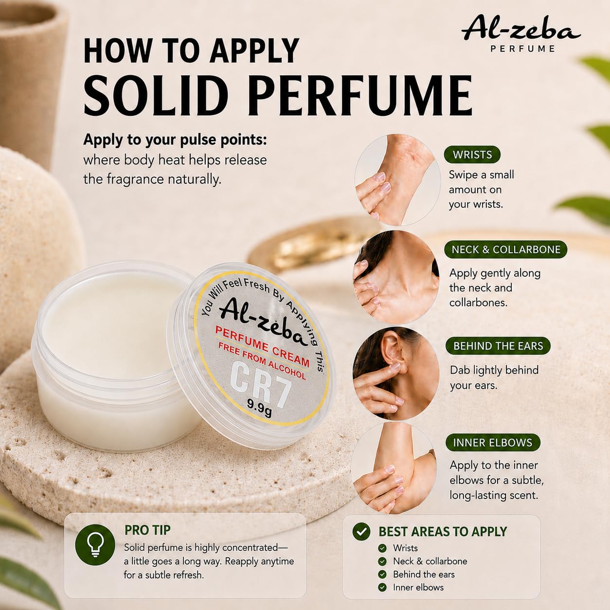 Al-Zeba Solid Perfume Cream, 9.9g, Alcohol-Free, Unisex Travel Fragrance, Compact Jar - label detail