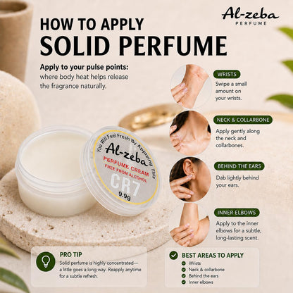 Al-Zeba Solid Perfume Cream, 9.9g, Alcohol-Free, Unisex Travel Fragrance, Compact Jar - label detail