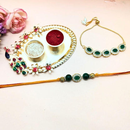 Alaukik Rakhi Bracelet Gift Set for Adults, Unisex Handmade Raksha Bandhan Bracelets with Zari and Stone Work - front view (1