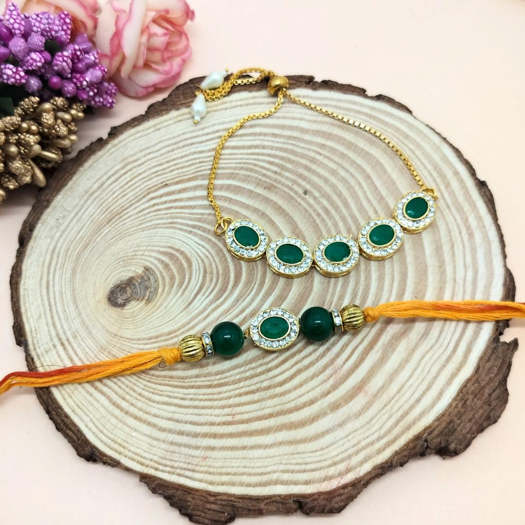 Alaukik Rakhi Bracelet Gift Set for Adults, Unisex Handmade Raksha Bandhan Bracelets with Zari and Stone Work - back view (14