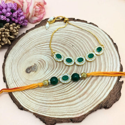 Alaukik Rakhi Bracelet Gift Set for Adults, Unisex Handmade Raksha Bandhan Bracelets with Zari and Stone Work - back view (14
