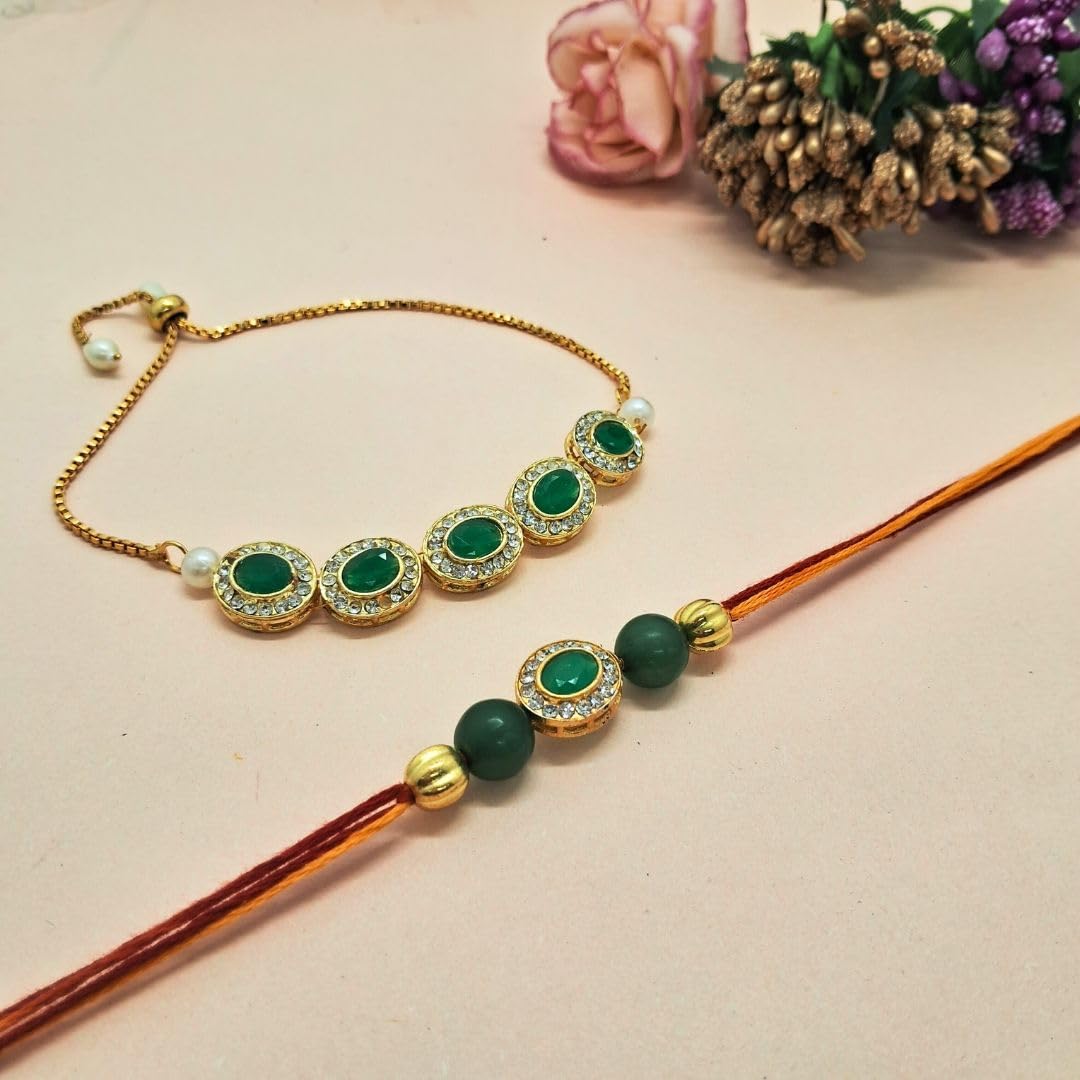 Alaukik Rakhi Bracelet Gift Set for Adults, Unisex Handmade Raksha Bandhan Bracelets with Zari and Stone Work - in use (19)