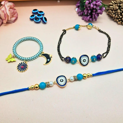 Alaukik Rakhi Bracelet Gift Set for Adults, Unisex Handmade Raksha Bandhan Bracelets with Zari and Stone Work - front view (6
