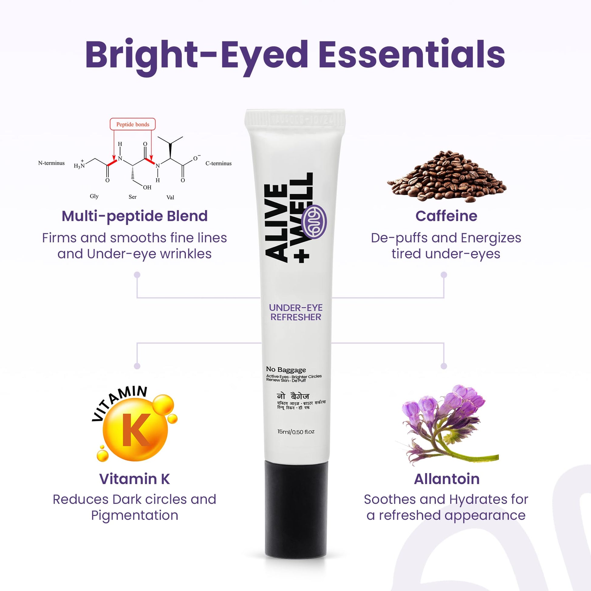Alive & Well No Baggage Under Eye Cream Gel, 15ml, Vitamin K, Caffeine, Allantoin & Tripeptides, Dermatologist Formulated, Co