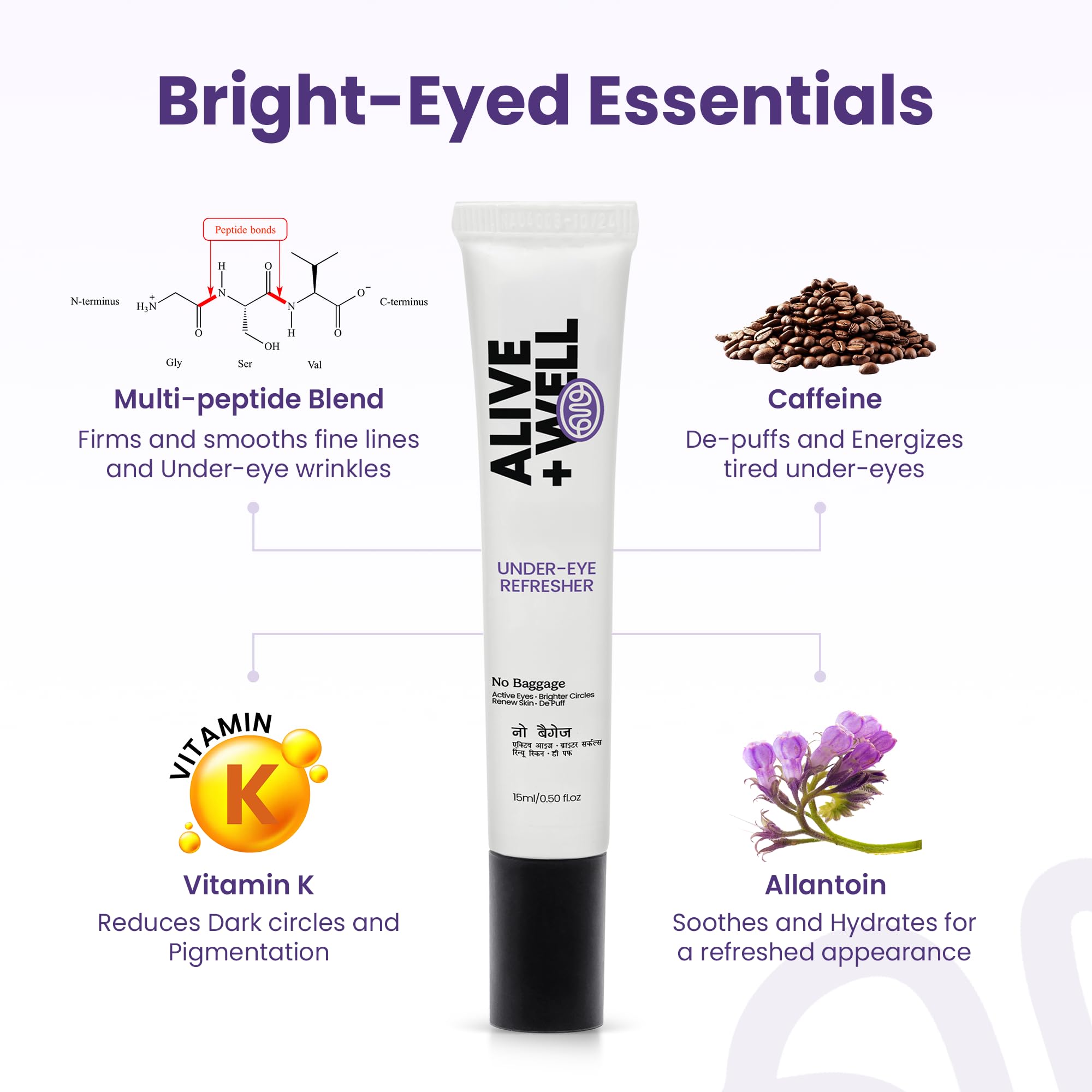 Alive & Well No Baggage Under Eye Cream Gel, 15ml, Vitamin K, Caffeine, Allantoin & Tripeptides, Dermatologist Formulated, Co