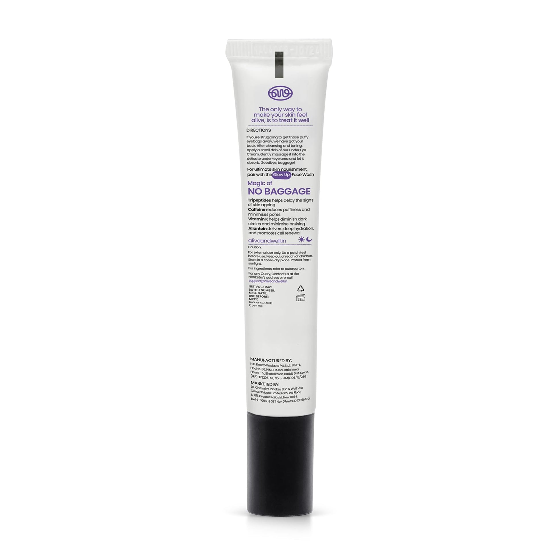 Alive & Well No Baggage Under Eye Cream Gel, 15ml, Vitamin K, Caffeine, Allantoin & Tripeptides, Dermatologist Formulated, Co