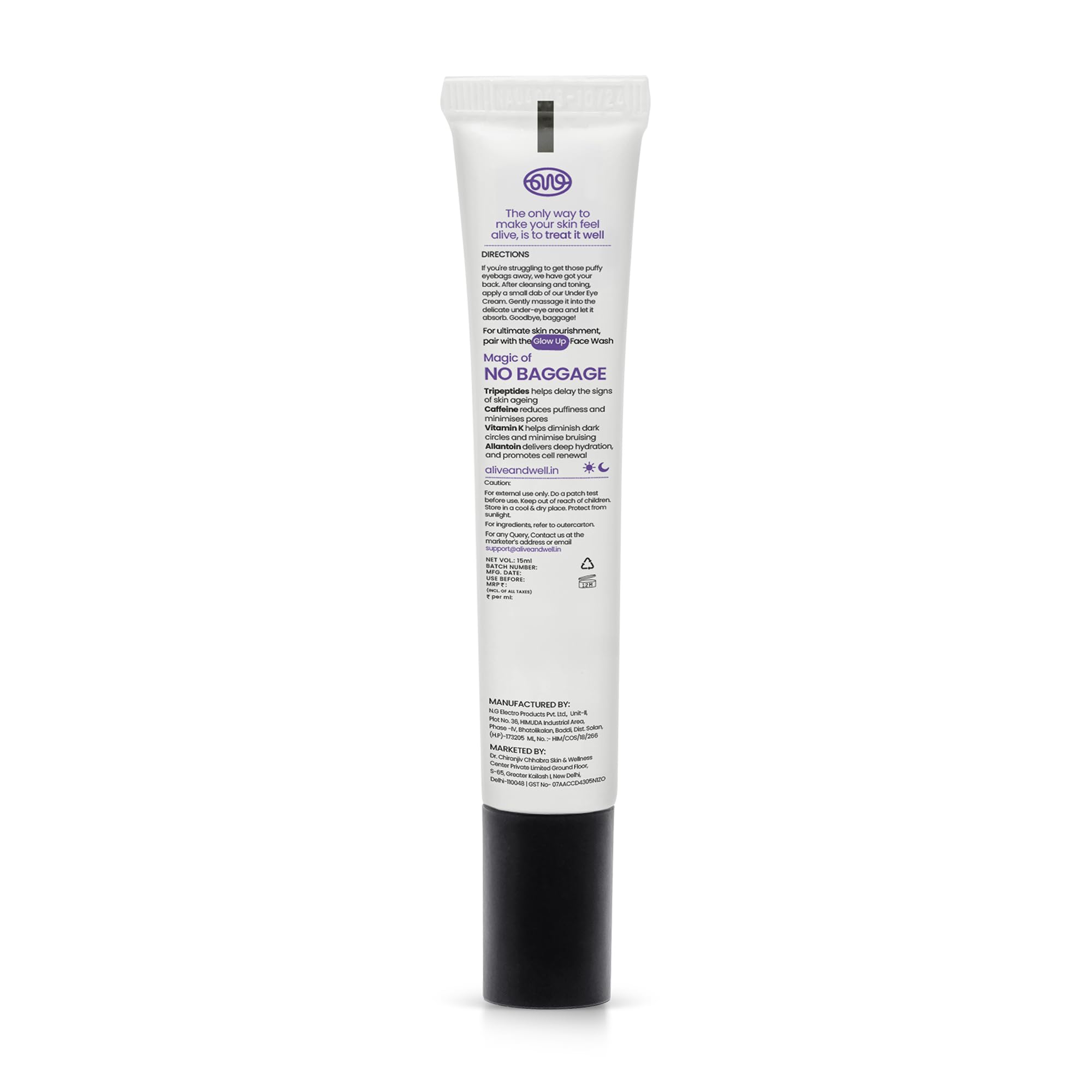 Alive & Well No Baggage Under Eye Cream Gel, 15ml, Vitamin K, Caffeine, Allantoin & Tripeptides, Dermatologist Formulated, Co