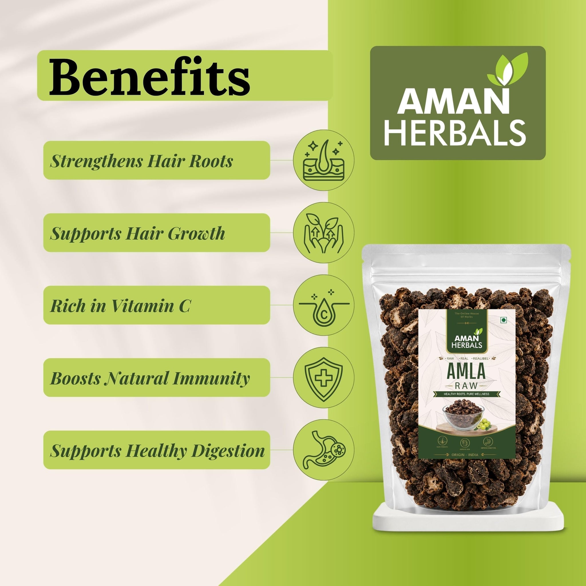 AMAN HERBALS Dry Amla, 200g, Natural Sun-Dried Indian Gooseberry Fruit - front view