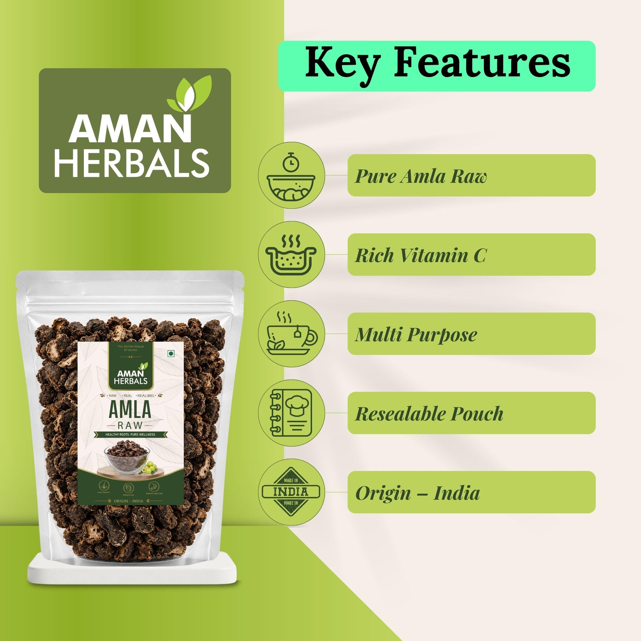 AMAN HERBALS Dry Amla, 200g, Natural Sun-Dried Indian Gooseberry Fruit - label detail