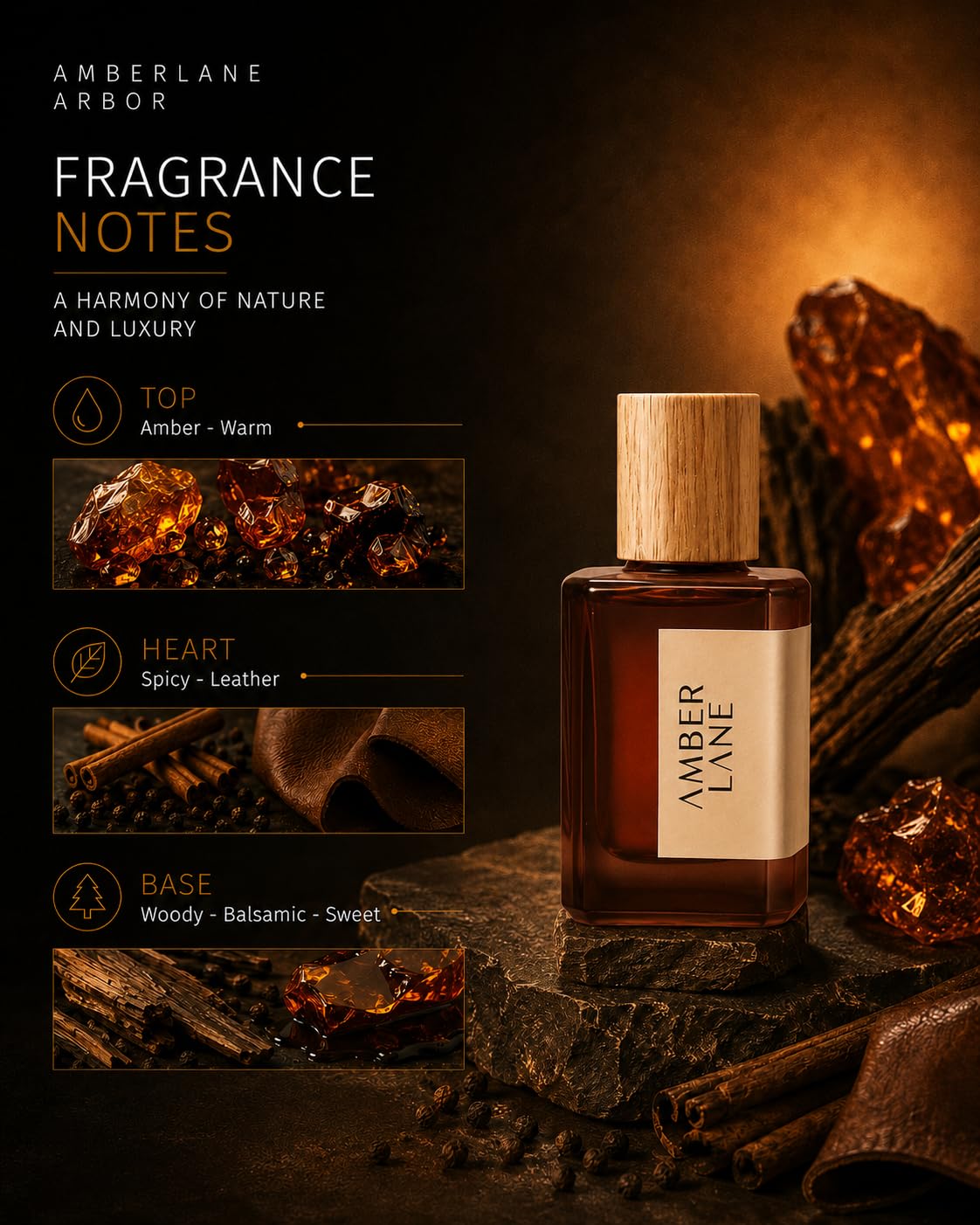 Amberlane Arbor Eau de Parfum, Unisex, Warm Amber, Spicy Leather & Woody Notes, Long-Lasting Fragrance - front view