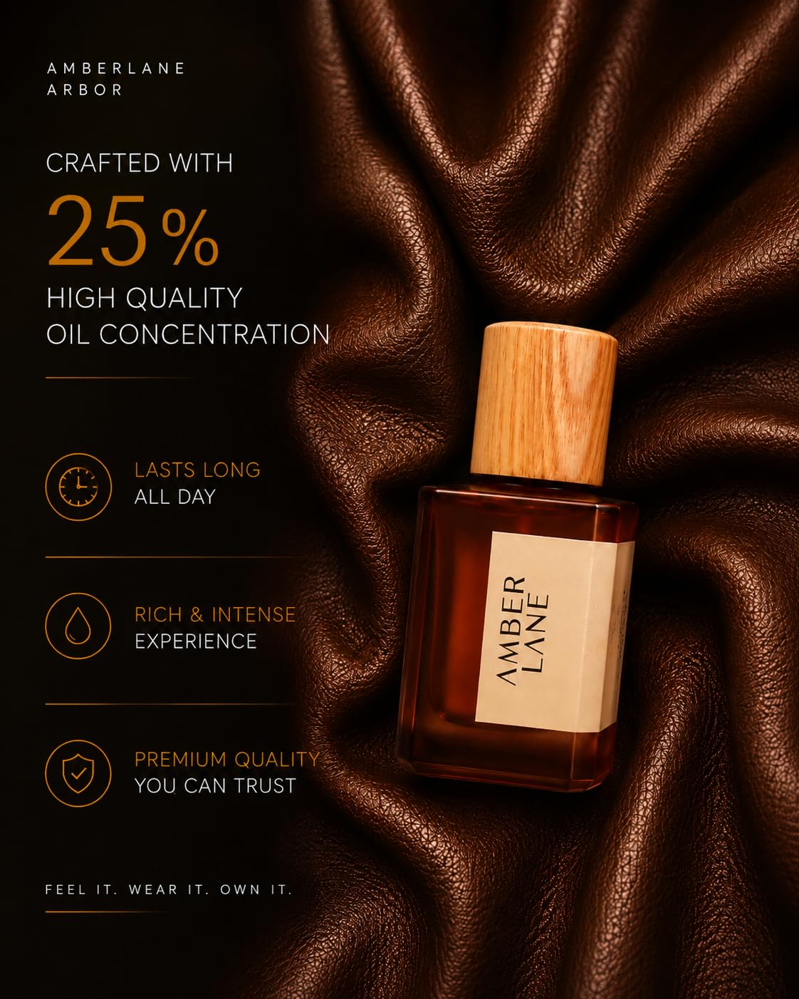 Amberlane Arbor Eau de Parfum, Unisex, Warm Amber, Spicy Leather & Woody Notes, Long-Lasting Fragrance - packaging