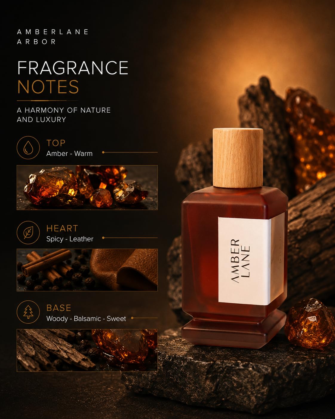 Amberlane Arbor Eau de Parfum, Unisex, Warm Amber, Spicy Leather & Woody Notes, Long-Lasting Fragrance - front view (9)