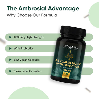 Ambrosial Psyllium Husk Capsules - 4000 MG with Probiotics: and Revitalize Your Digestive System with Natural Fiber Support -