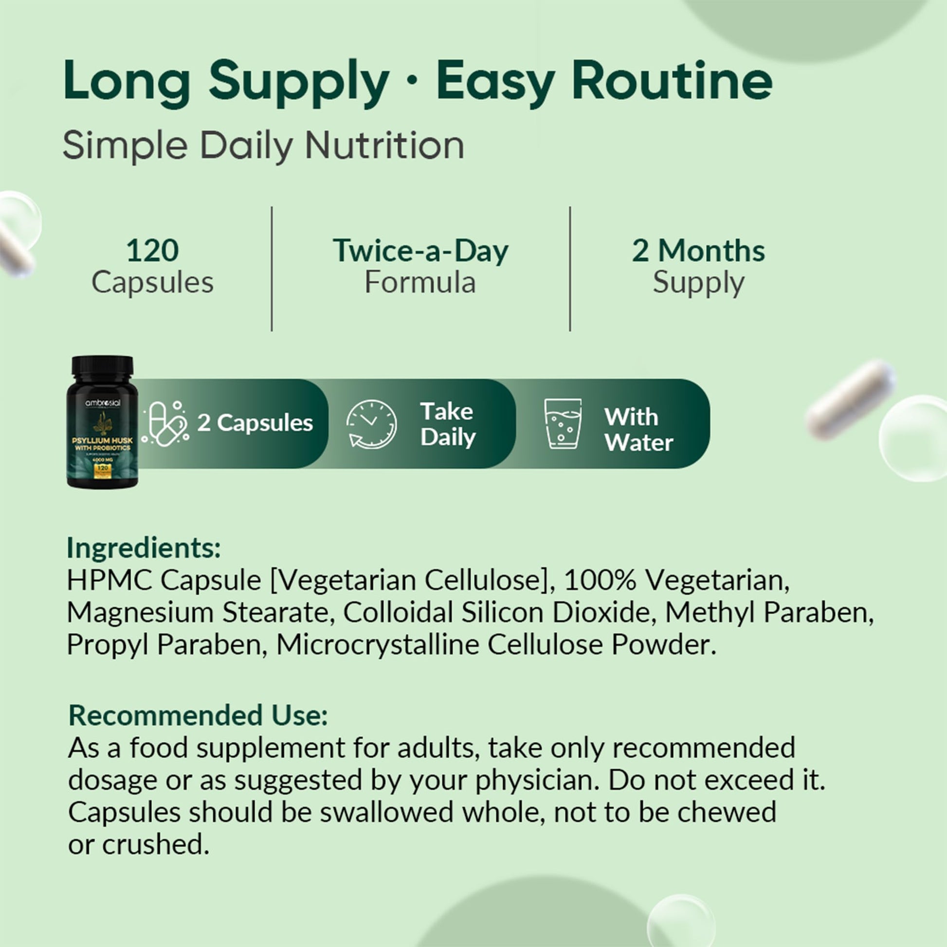 Ambrosial Psyllium Husk Capsules - 4000 MG with Probiotics: and Revitalize Your Digestive System with Natural Fiber Support -