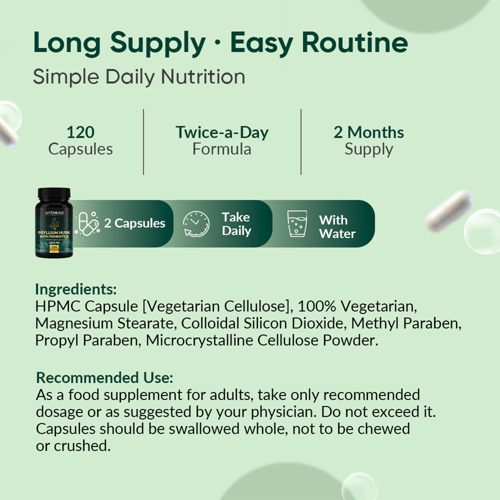 Ambrosial Psyllium Husk Capsules - 4000 MG with Probiotics: and Revitalize Your Digestive System with Natural Fiber Support -