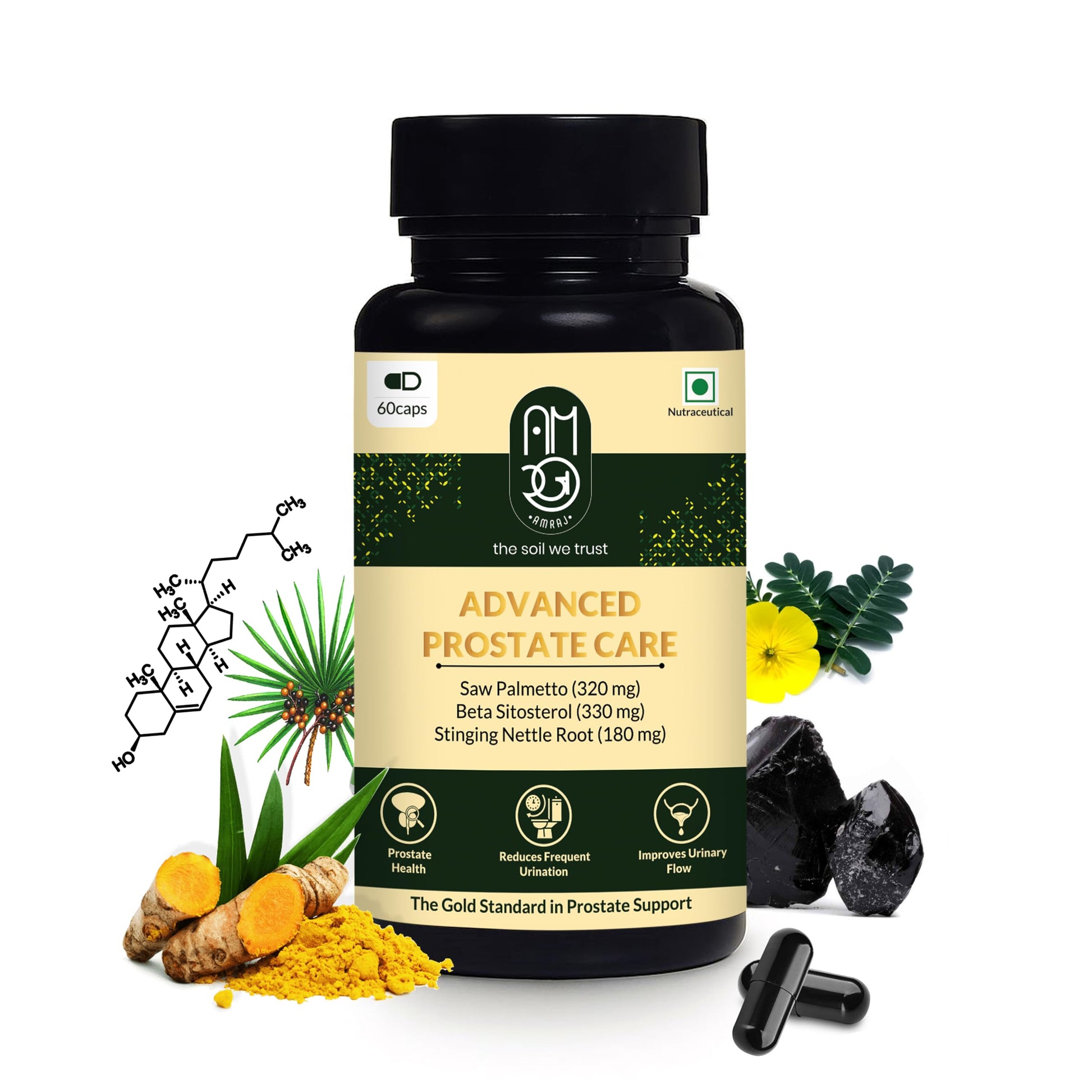 AMRAJ Herbal Supplement Capsules with Saw Palmetto, Beta Sitosterol & Ayurvedic Herbs - front view (10)