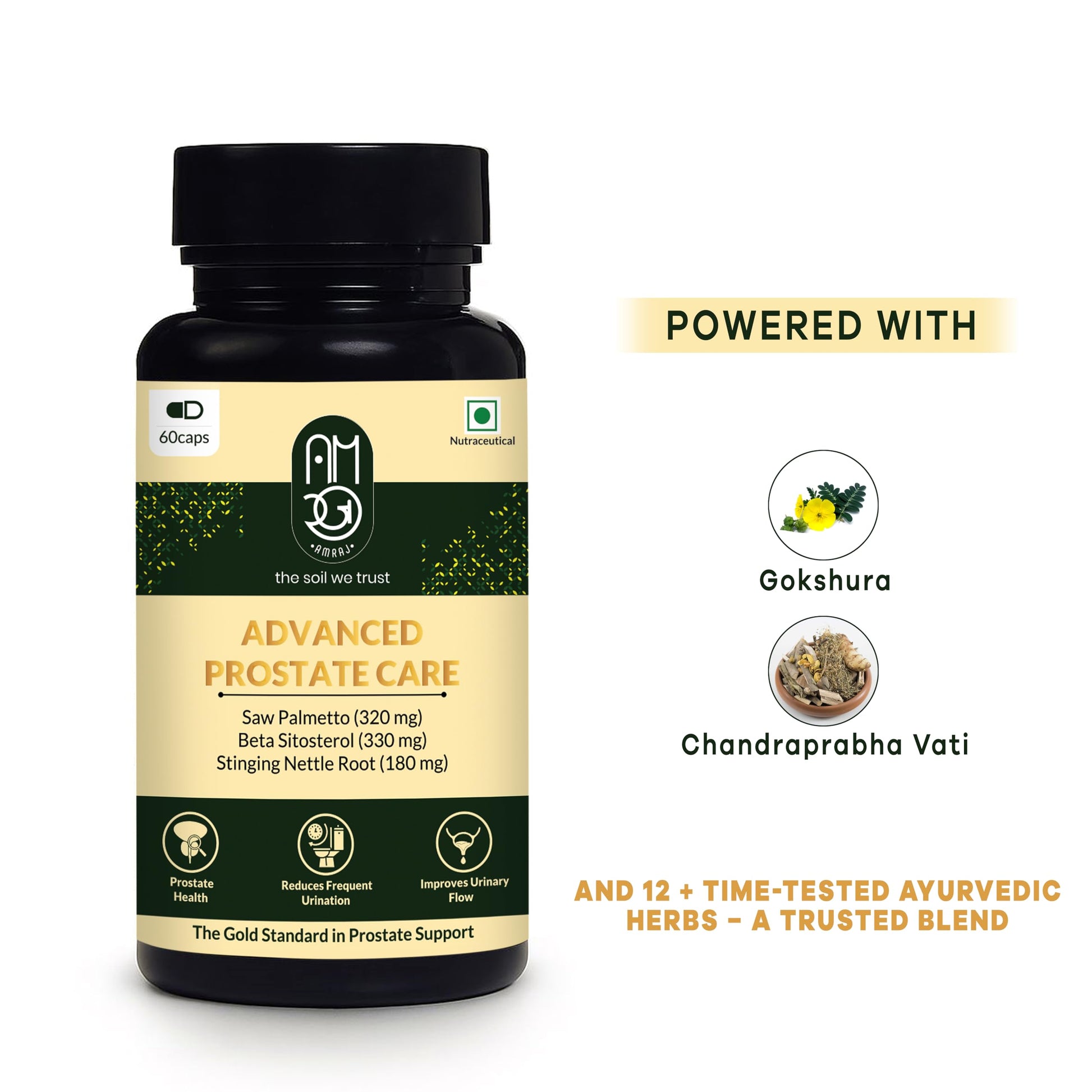 AMRAJ Herbal Supplement Capsules with Saw Palmetto, Beta Sitosterol & Ayurvedic Herbs - front view