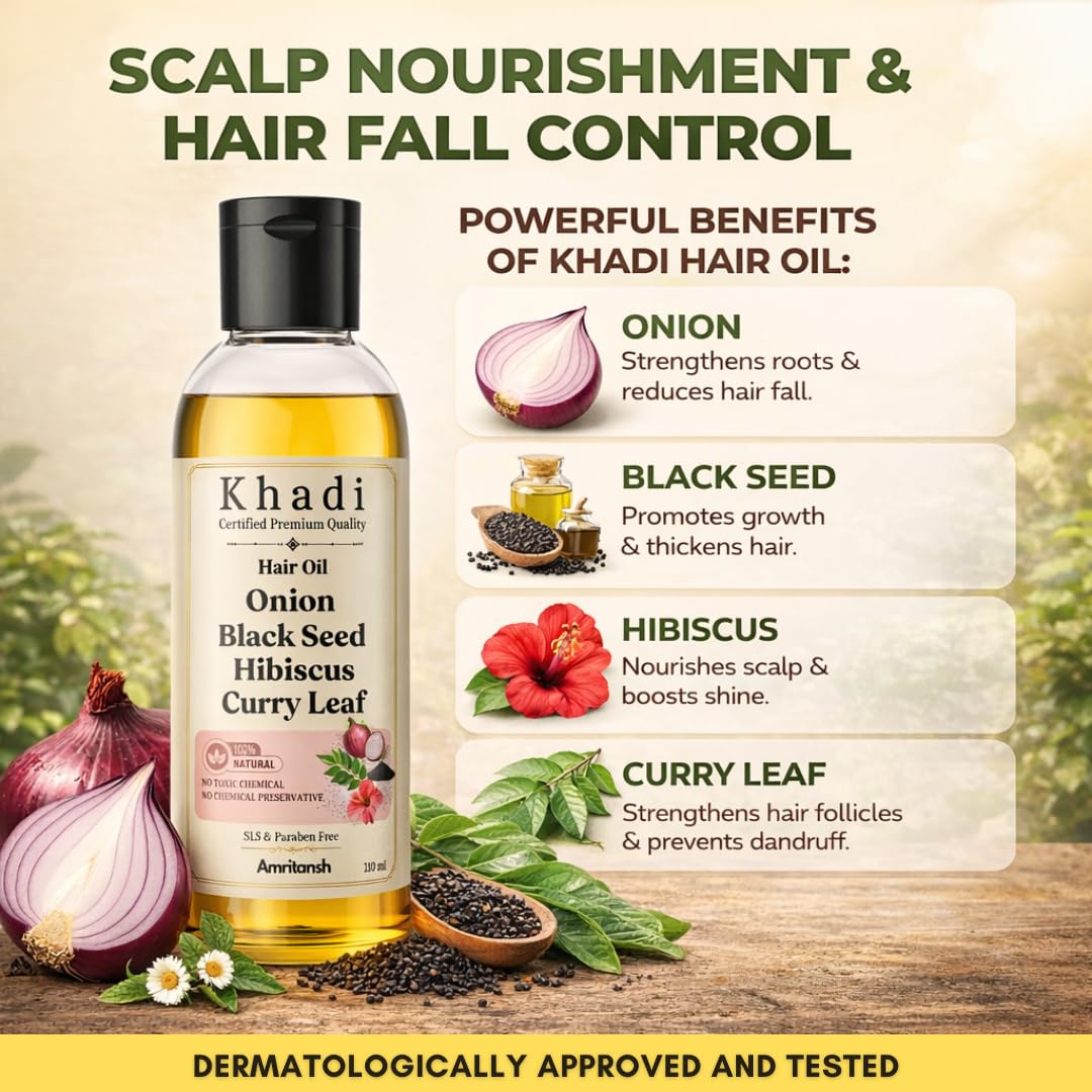 Amritansh Khadi Natural Hair Oil, Ayurvedic Herbal Oil for Women and Men, SLS & Paraben Free - front view