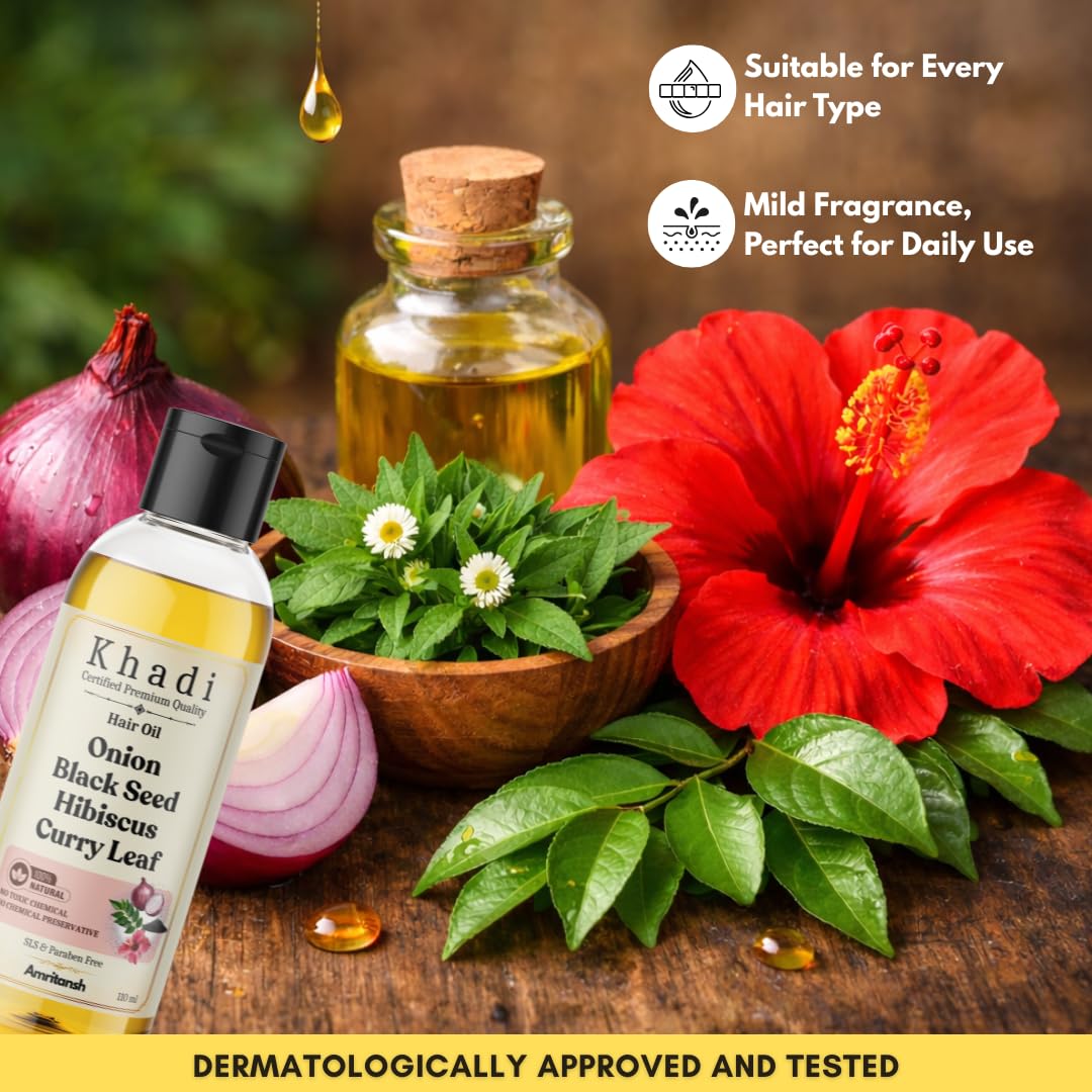 Amritansh Khadi Natural Hair Oil, Ayurvedic Herbal Oil for Women and Men, SLS & Paraben Free - ingredients panel