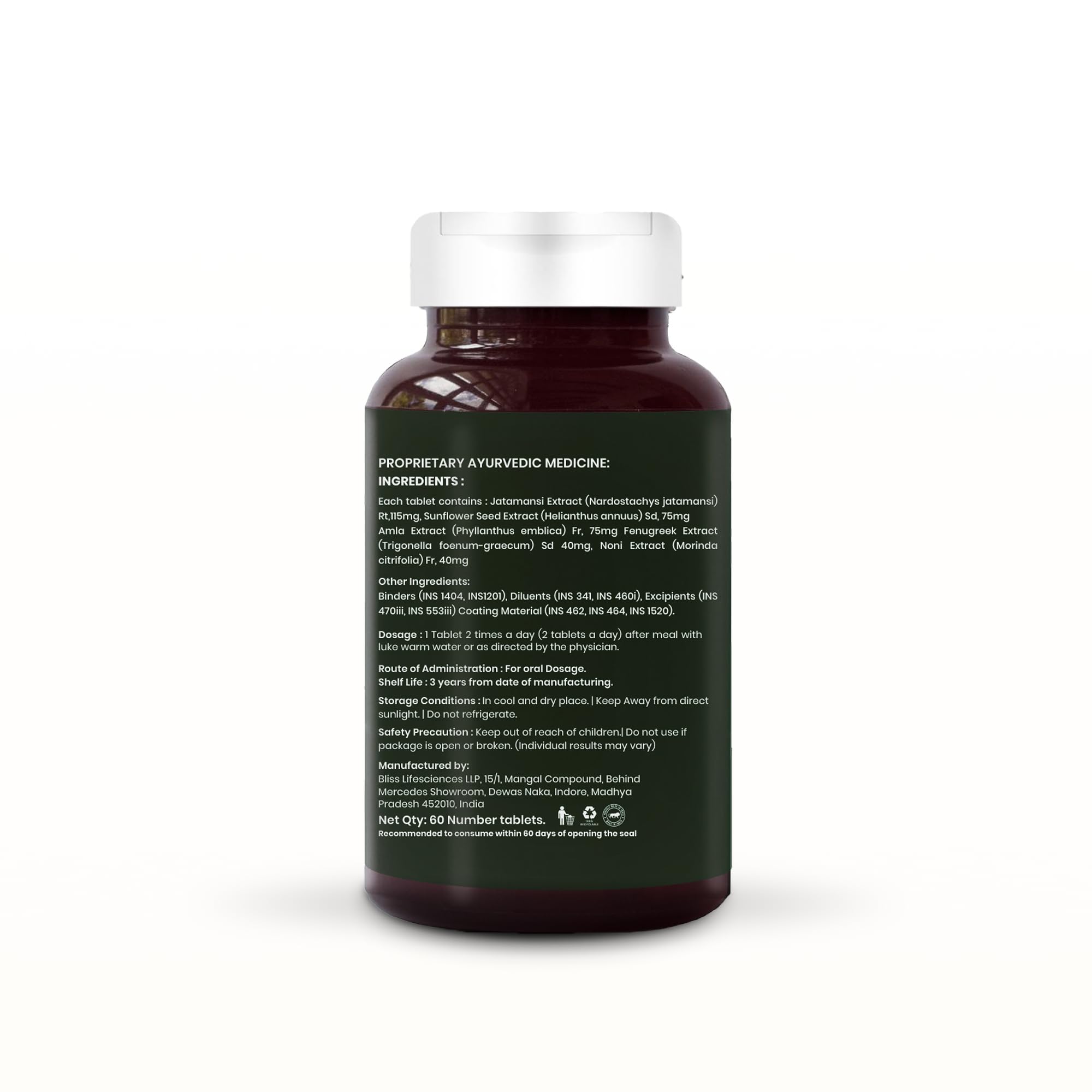 Amrithya Ayurvedic Herbal Supplement Tablets, 60 Count, Bhringraj Amla Fenugreek Jatamansi Blend, Unisex - size and scale