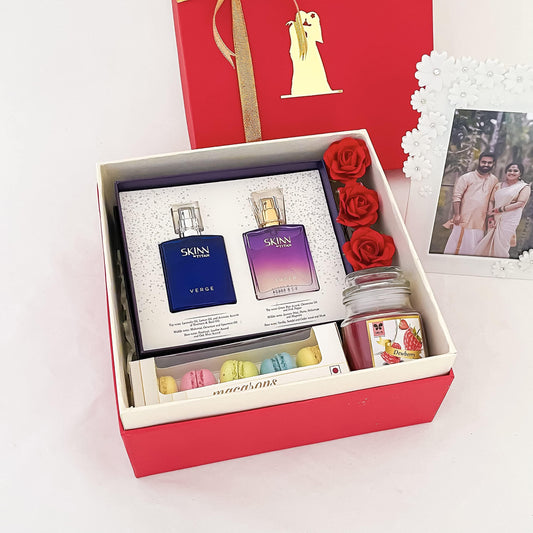 Angroos Anniversary Gift Hamper with Tit-ans Skinn Chocolates, Scented Candle, Macarons, Custom Frame & Decorated Box, Modern