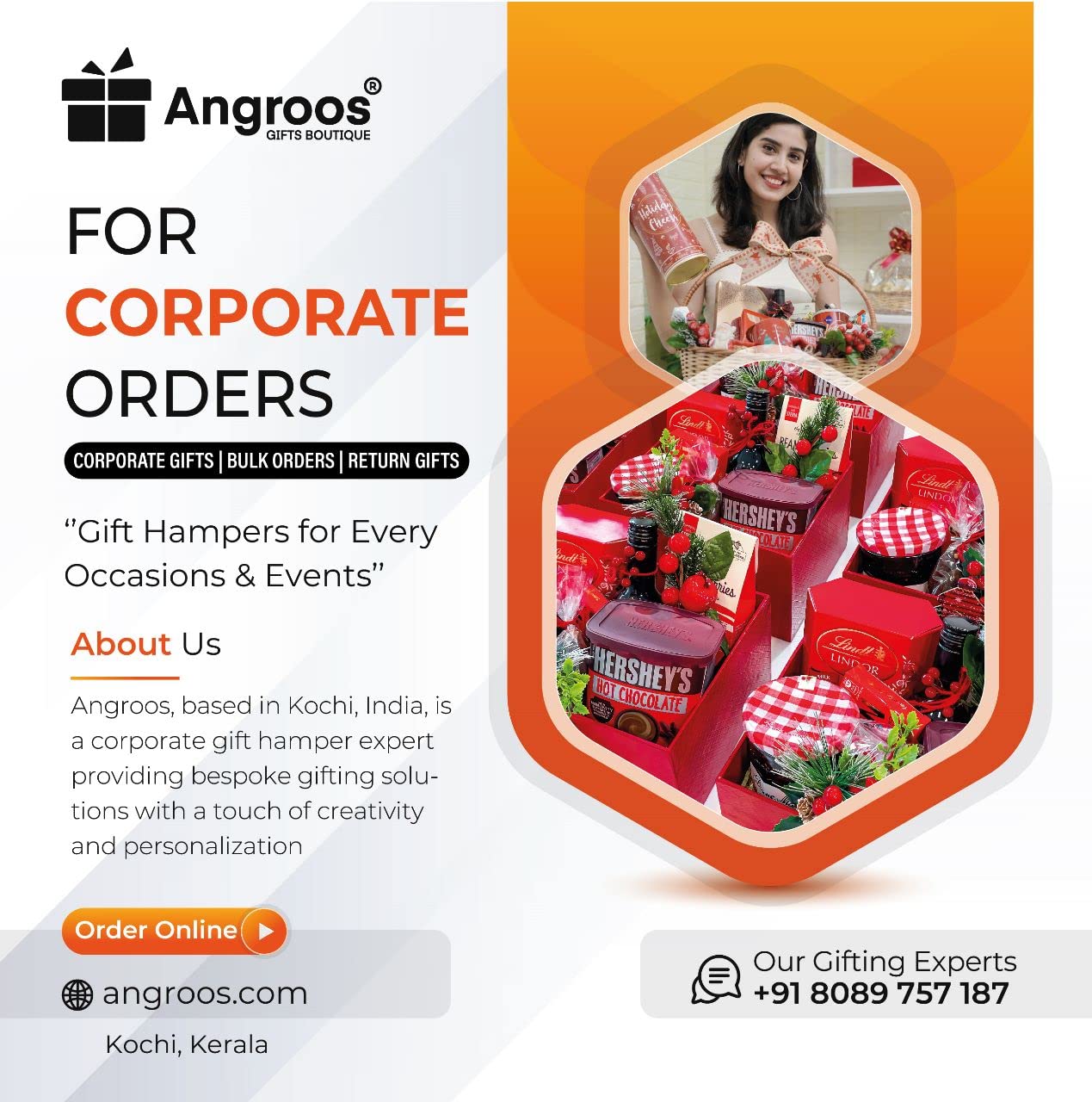 Angroos Anniversary Gift Hamper with Tit-ans Skinn Chocolates, Scented Candle, Macarons, Custom Frame & Decorated Box, Modern