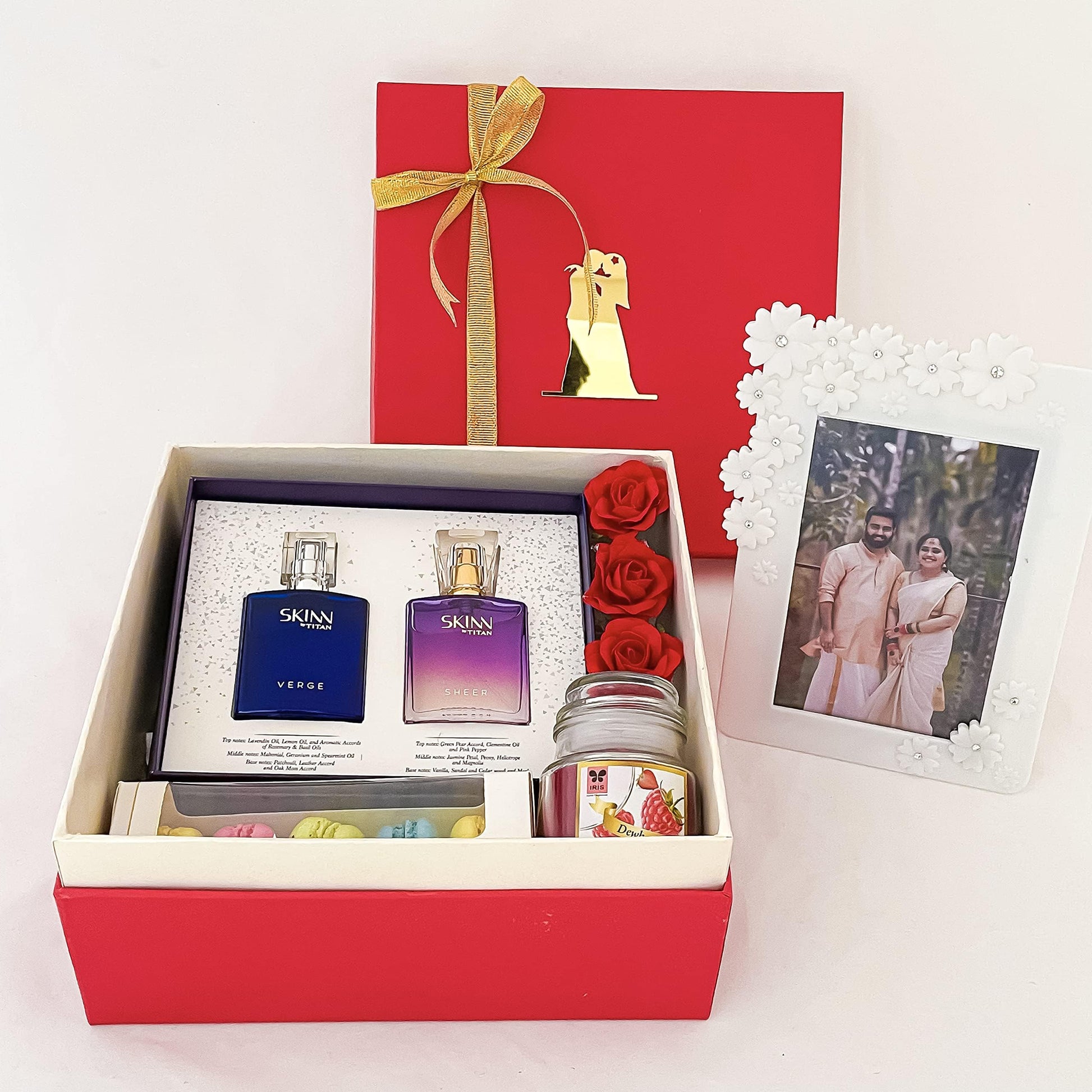 Angroos Anniversary Gift Hamper with Tit-ans Skinn Chocolates, Scented Candle, Macarons, Custom Frame & Decorated Box, Modern