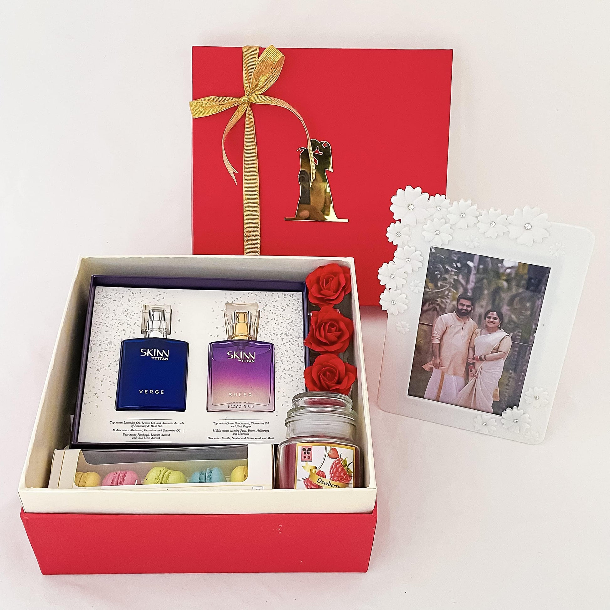 Angroos Anniversary Gift Hamper with Tit-ans Skinn Chocolates, Scented Candle, Macarons, Custom Frame & Decorated Box, Modern