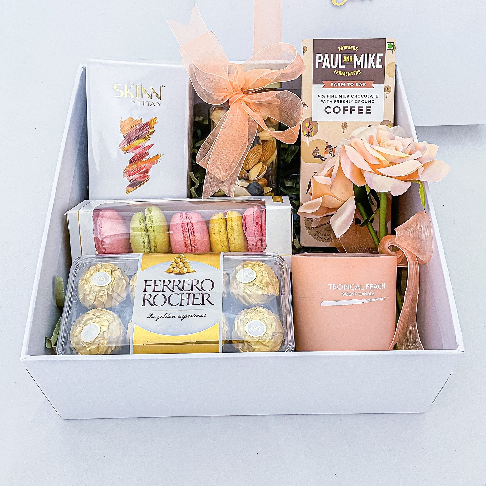 Angroos Birthday Gift Hamper with Titan Skinn Women 50ml, Chocolates, Artificial Flowers, 8 Items BIRGB101 - back view