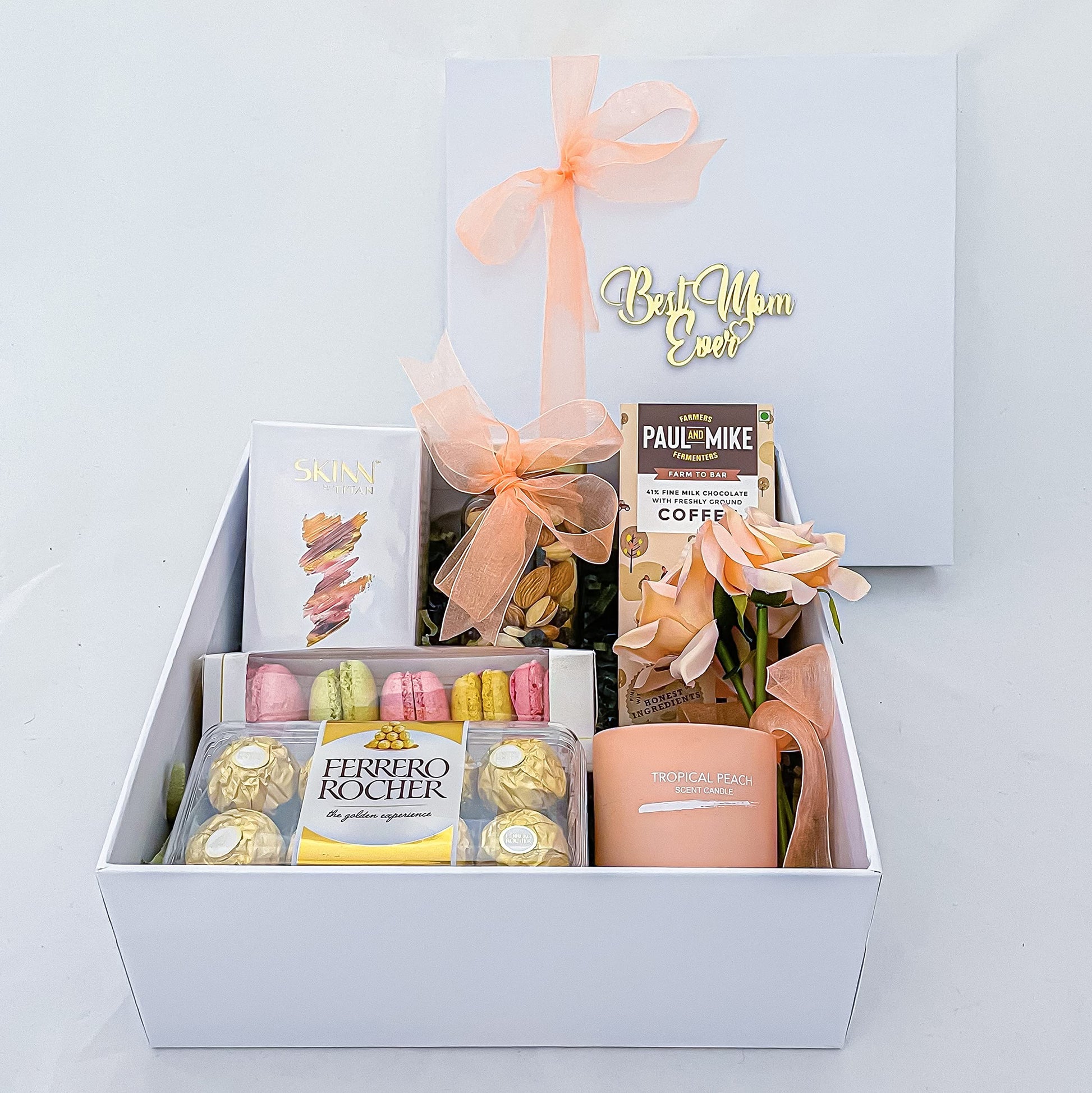 Angroos Birthday Gift Hamper with Titan Skinn Women 50ml, Chocolates, Artificial Flowers, 8 Items BIRGB101 - label detail