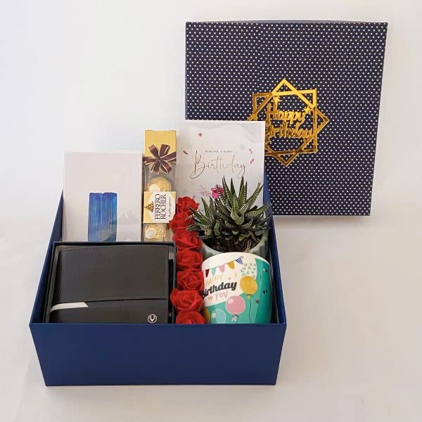 Angroos Men's Birthday Gift Box, 7-Piece 2kg Hamper with Allen Solly Wallet, Ceramic Mug, Ferrero Rocher, SKINN Fragrance