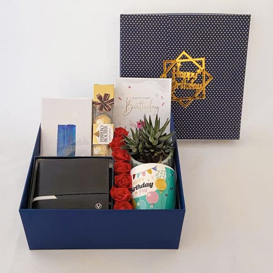 Angroos Men's Birthday Gift Box, 7-Piece 2kg Hamper with Allen Solly Wallet, Ceramic Mug, Ferrero Rocher, SKINN Fragrance