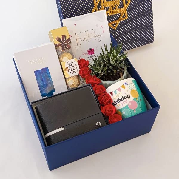 Angroos Men's Birthday Gift Box, 7-Piece 2kg Hamper with Allen Solly Wallet, Ceramic Mug, Ferrero Rocher, SKINN Fragrance - p