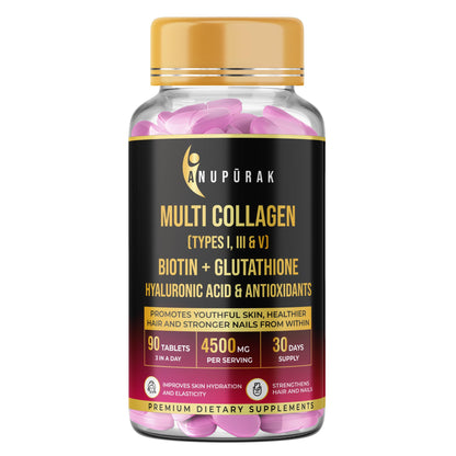 ANUPURAK Multi Collagen Complex Tablets 3000mg Types I III V Marine Eggshell 90 Count Nutritional Supplement