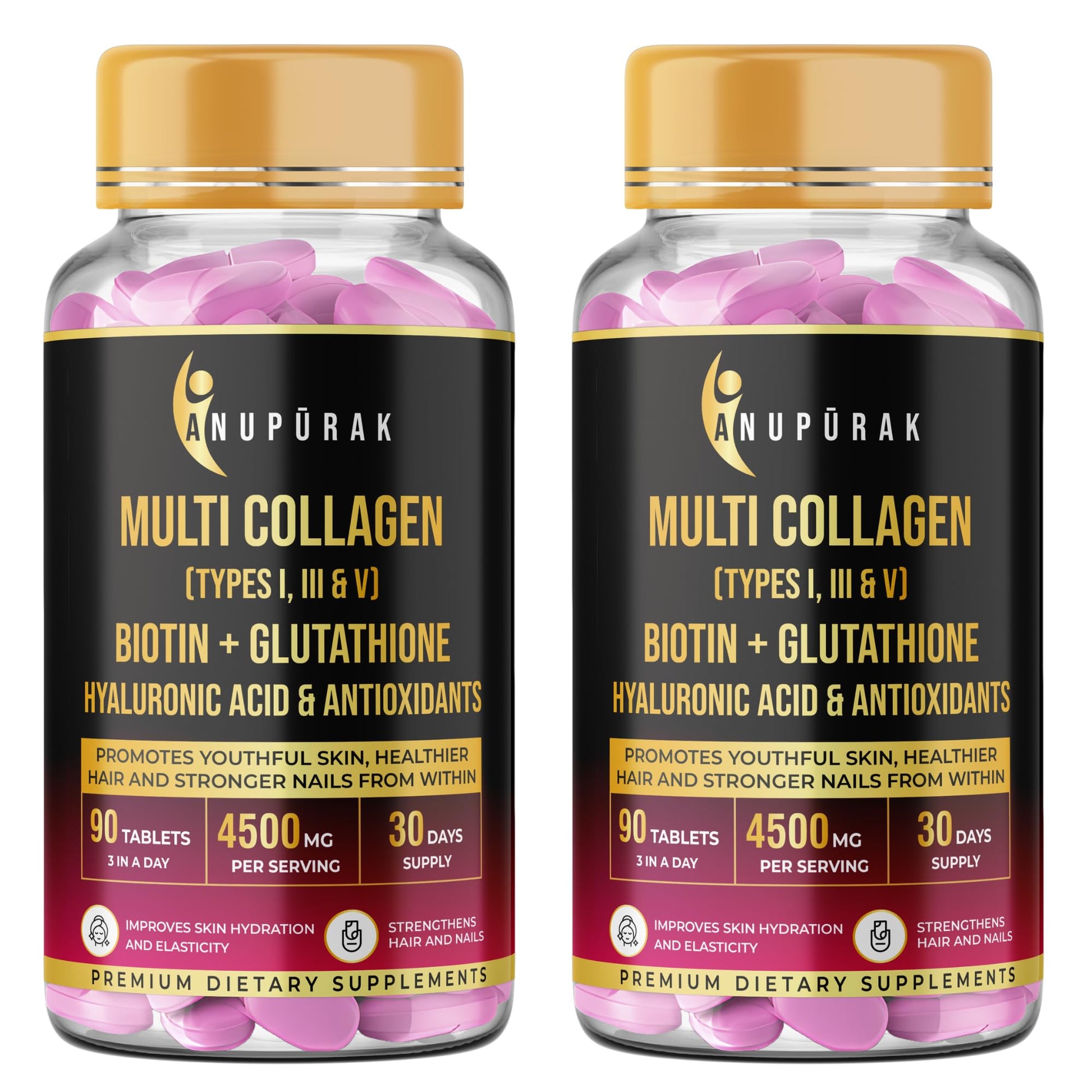 ANUPURAK Multi Collagen Complex Tablets 3000mg Types I III V Marine Eggshell 90 Count Nutritional Supplement (10)