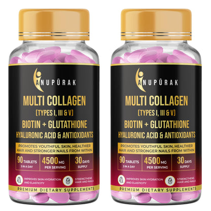 ANUPURAK Multi Collagen Complex Tablets 3000mg Types I III V Marine Eggshell 90 Count Nutritional Supplement (10)